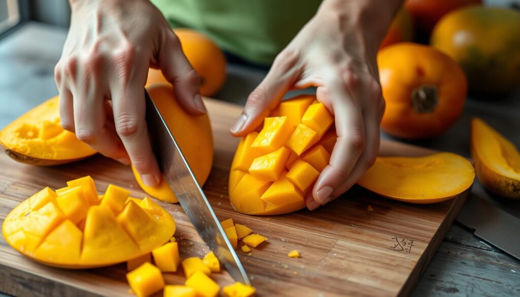 Cutting mangoes for puree